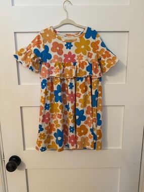Girls Floral Ruffle Dress - Blue, Pink & Mustard